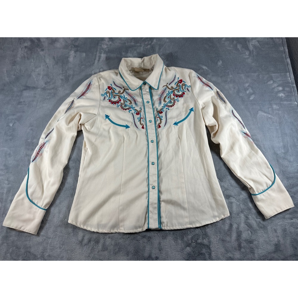 Scully Womens Western Shirt Cream Turquoise Embroidered Snap Front PL-878 Size M